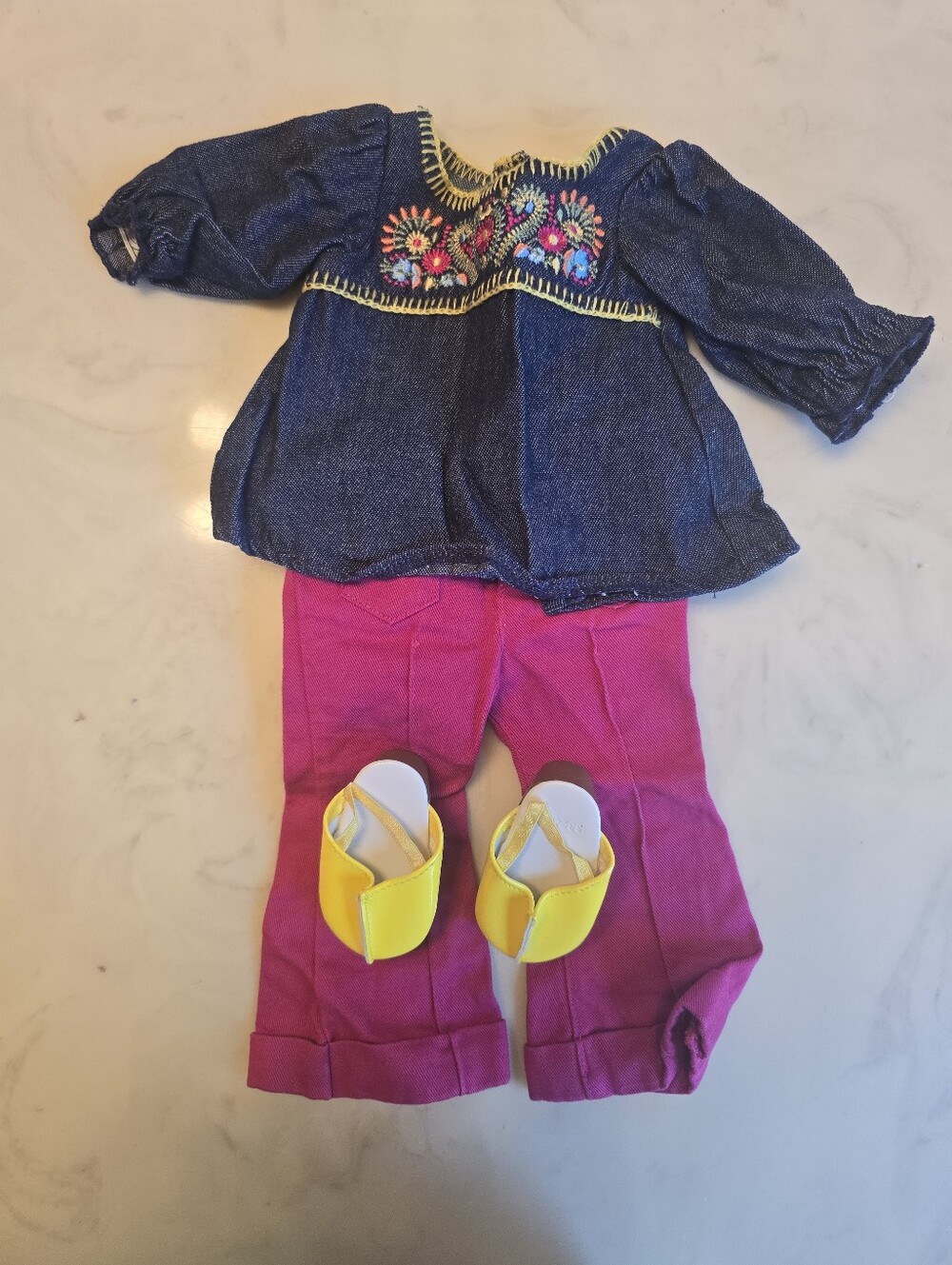 American Girl Julie's tunic outfit and yellow clogs